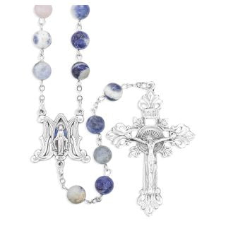 8mm Spotted Blue Dyed Stone Bead Rosary with Ave Maria Center and Crucifix, Boxed