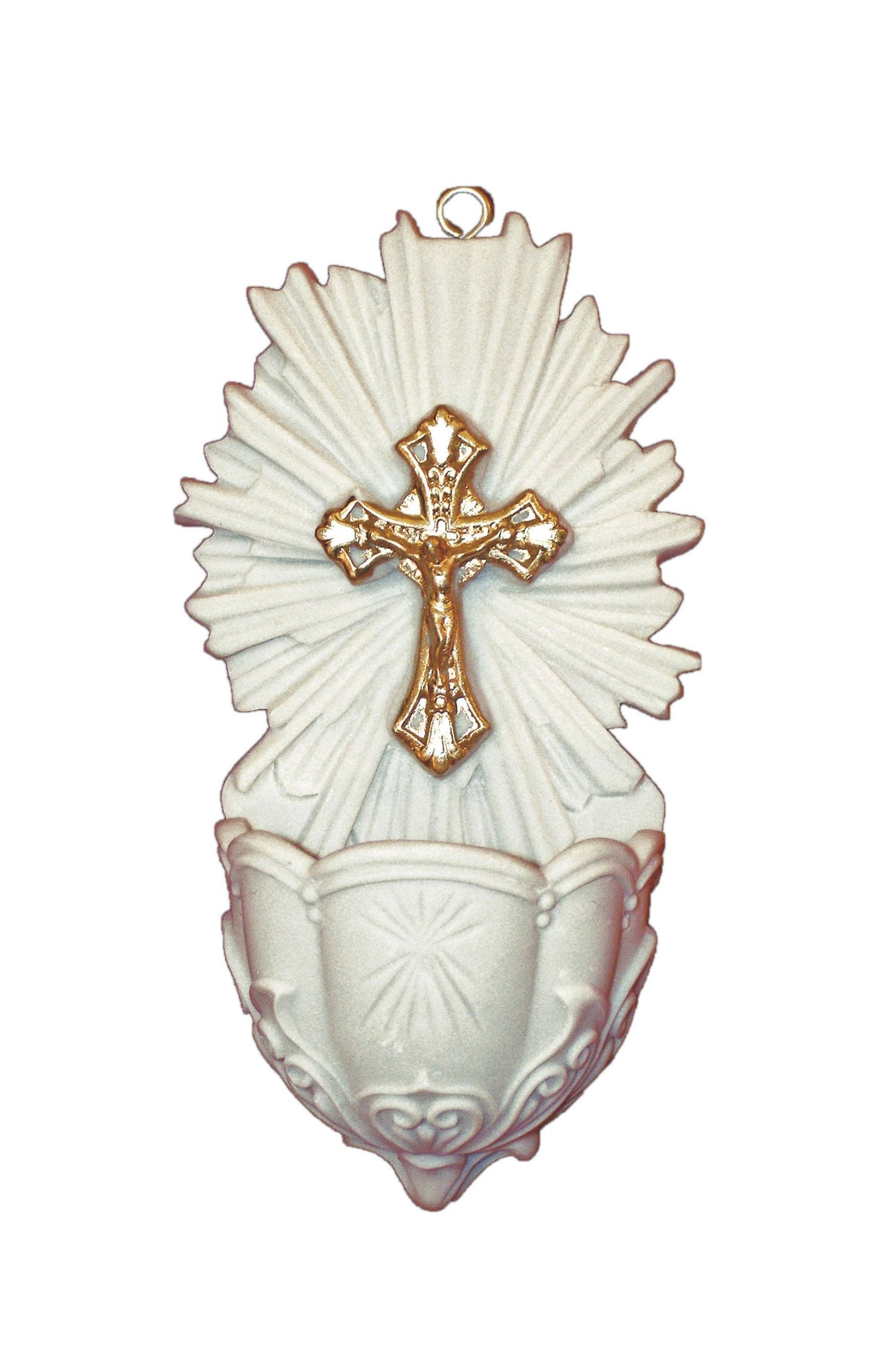 Goldscheider of Vienna - Crucifixion Font in White with Gold Highlights 5"