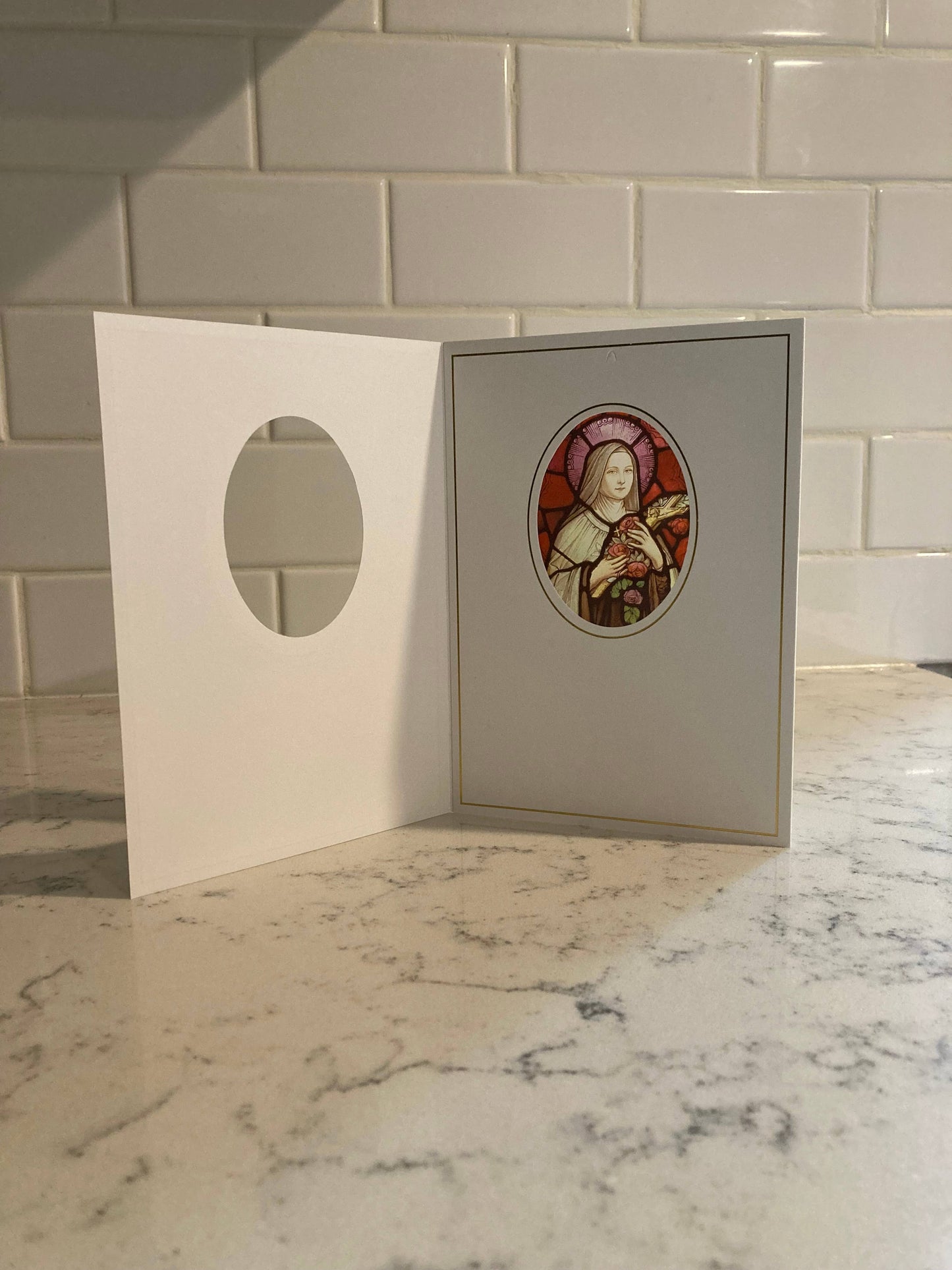 Bright Greetings - St. Therese of Lisieux 5x7" suncatcher card | Patron Saint o