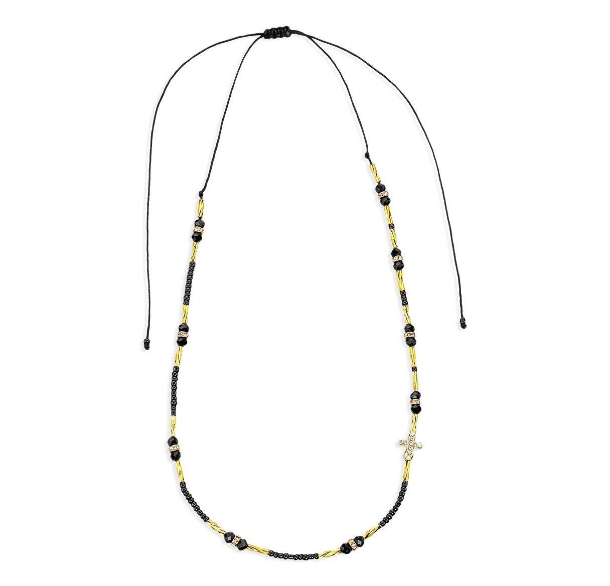 Black Glass Bead Adjustable Necklace with Gold Tube Ends