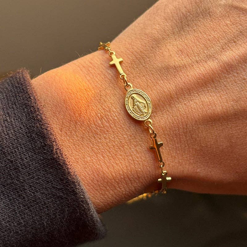 Miraculous Medal Multi Cross Bracelet in Stainless Steel-Gold Plate