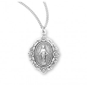 Sterling Silver Miraculous Medal with Roses