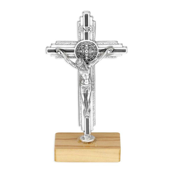 3 3/8" Standing St. Benedict Crucifix with Black Epoxy and Textured Silver on a Wood Base