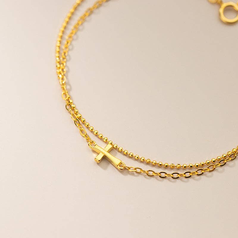 Perimade & Co. LLC - Cross Double Chain Bead Bracelet in Gold over 925 Sterling Silver