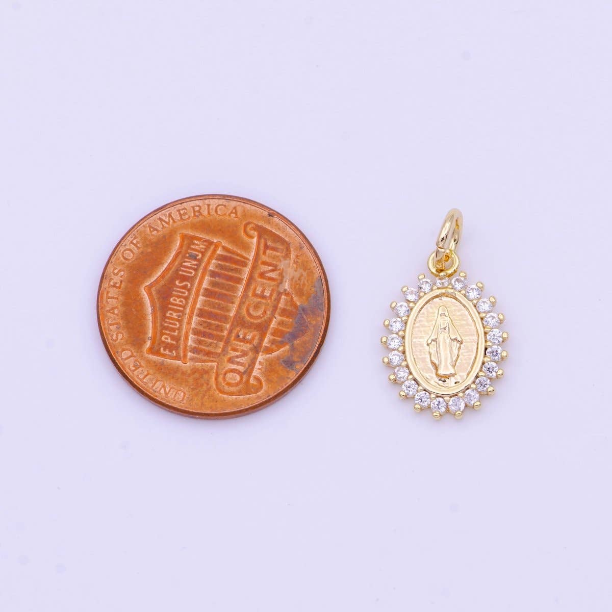 Aim Eternal - Minimalist Micro Paved CZ Miraculous Lady Religious Gold Oval Charm | D-570