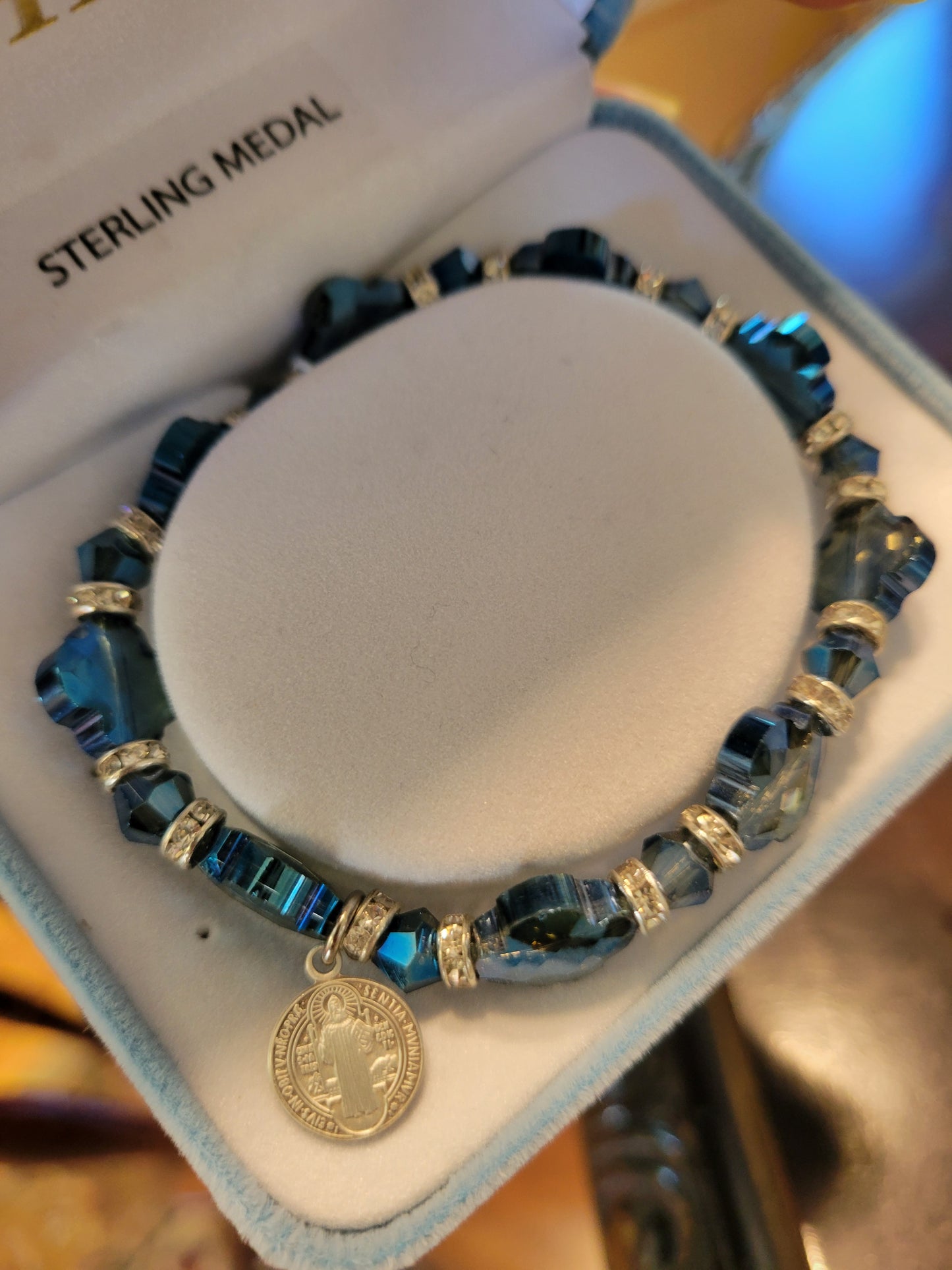 Blue Cross Bracelet with St Benedict Charm
