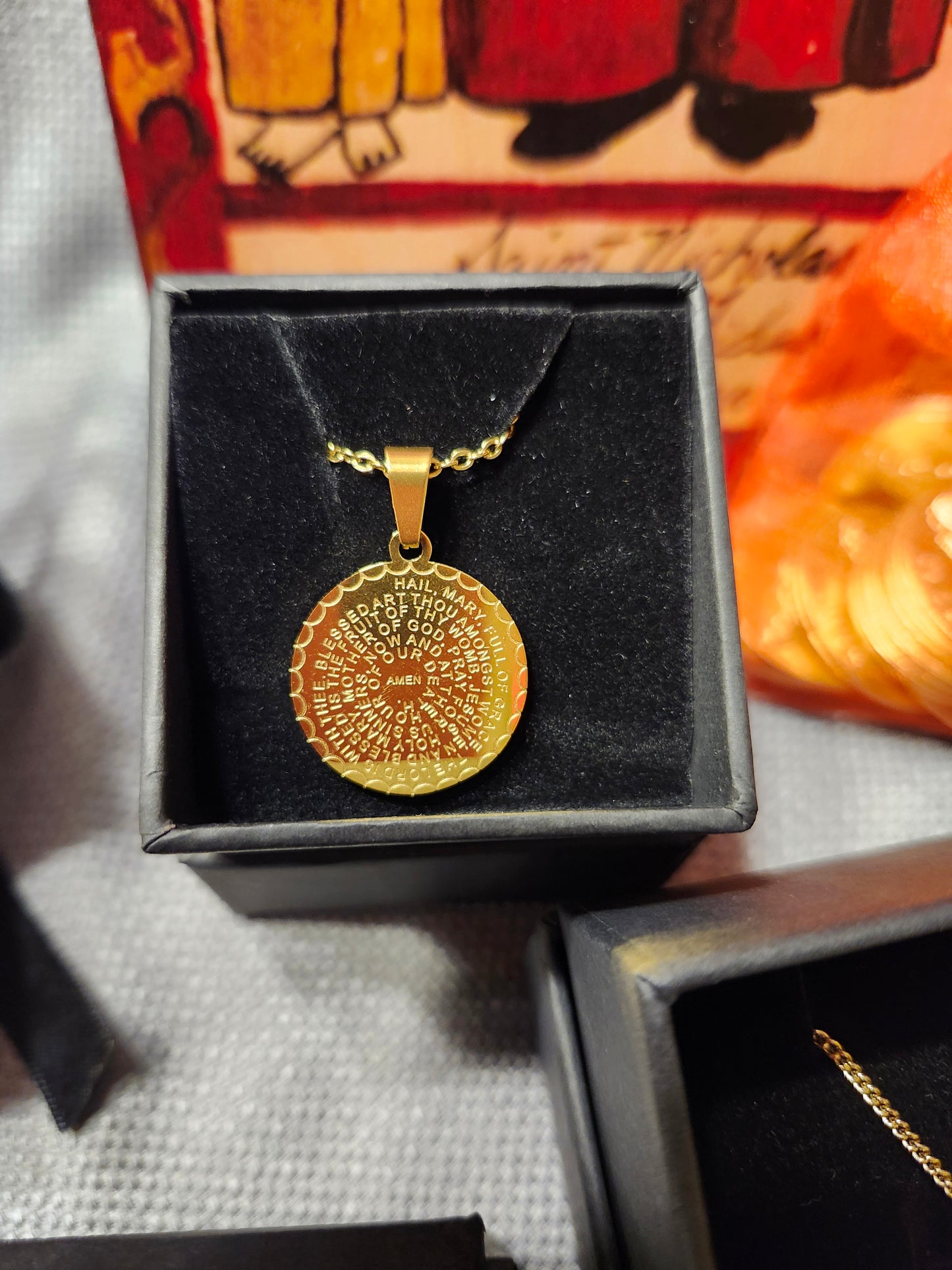Hail Mary Prayer Pendant on 18” Dainty Cable Chain 24K Gold Filled