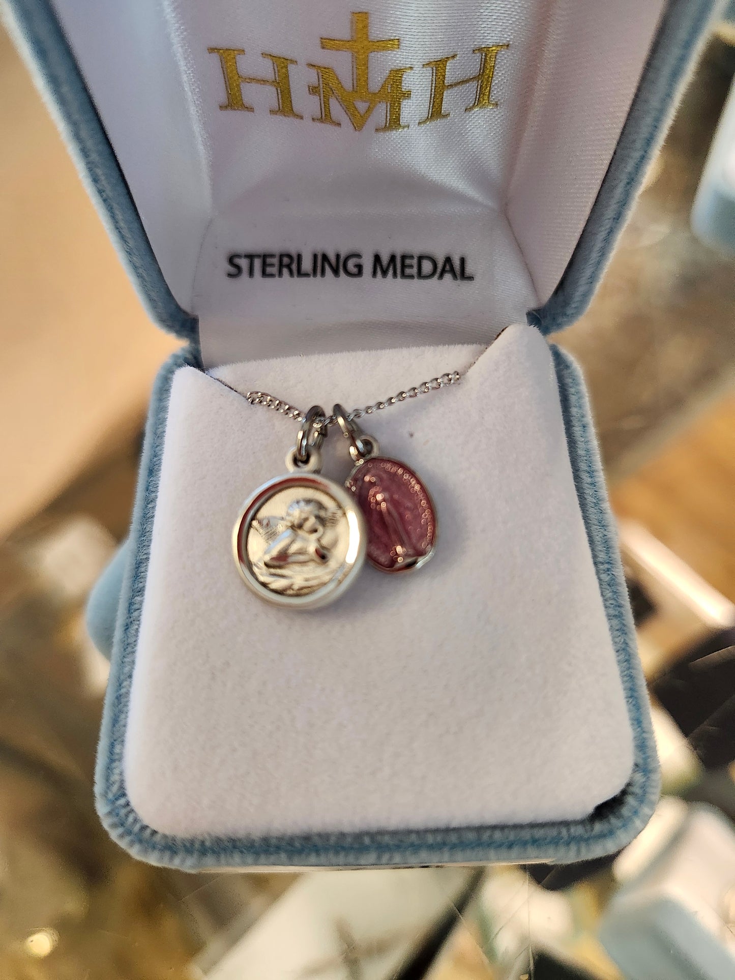 Sterling Silver Cherub Medal with Pink Miraculous Medal.