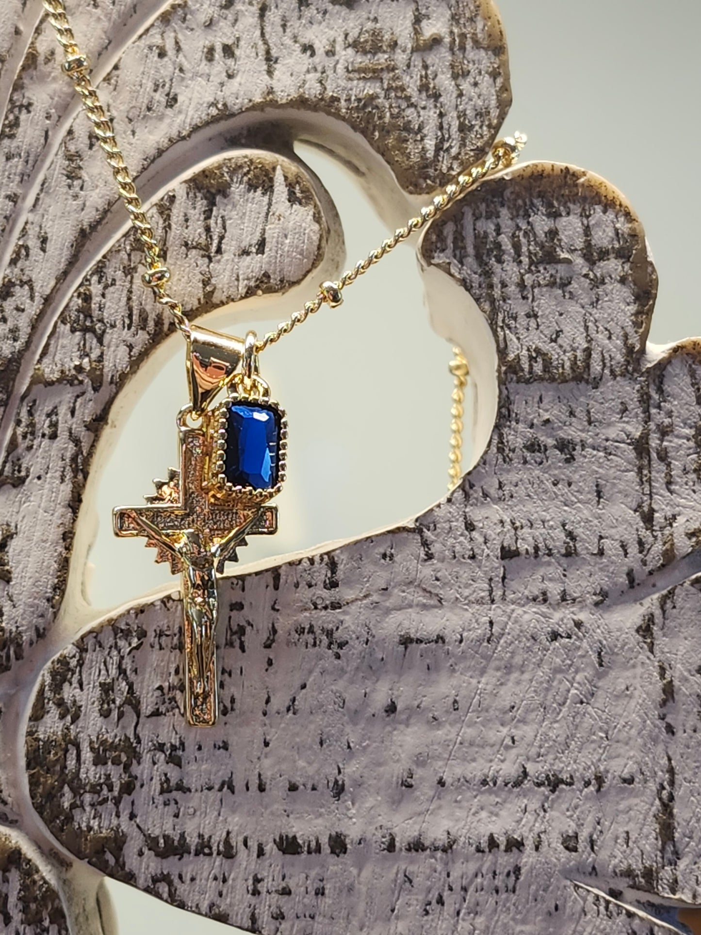 Gold Crucifx with Sapphire Charm