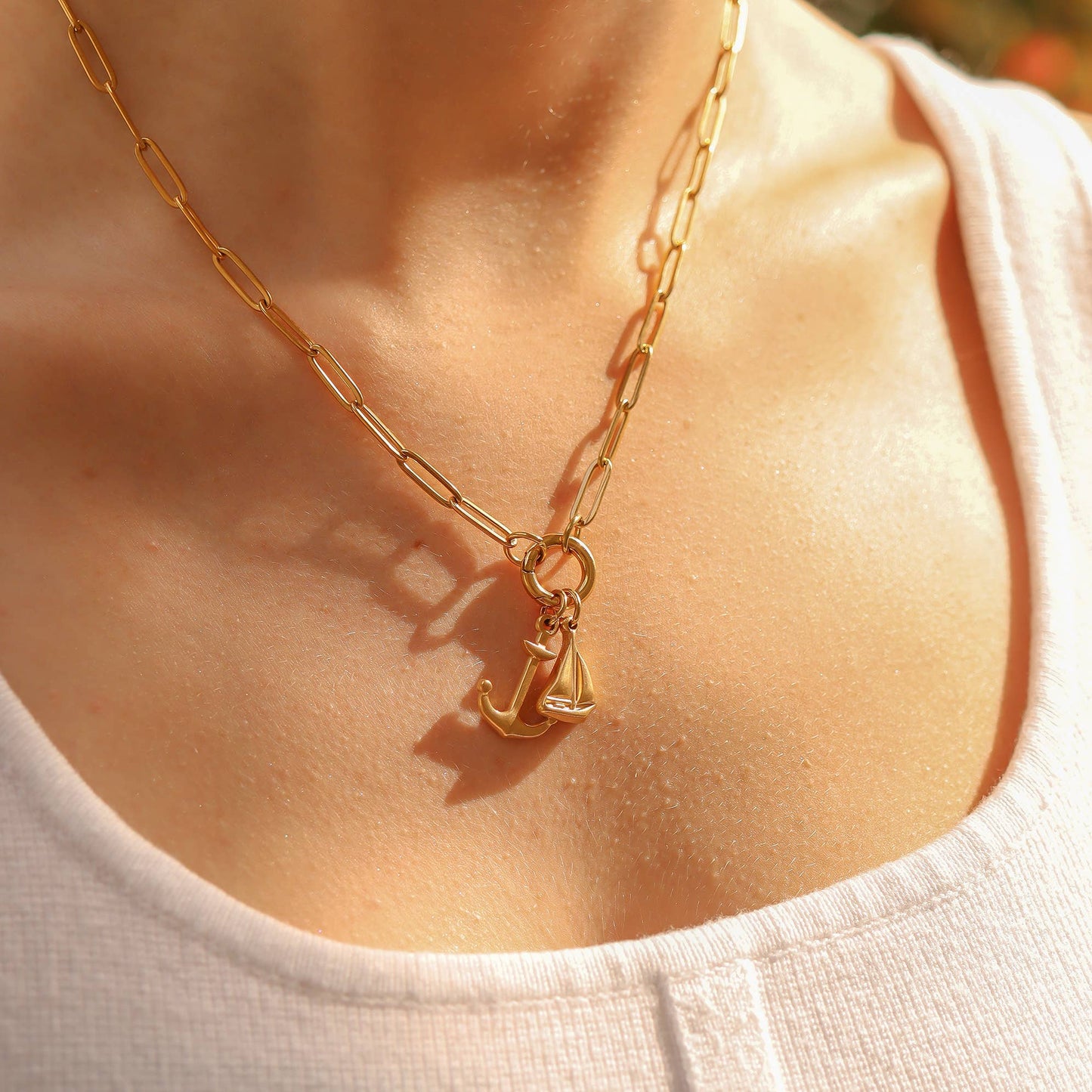 Stainless Steel Paperclip Carabiner Charm Holder Necklace With Pearl and Amen Charm.