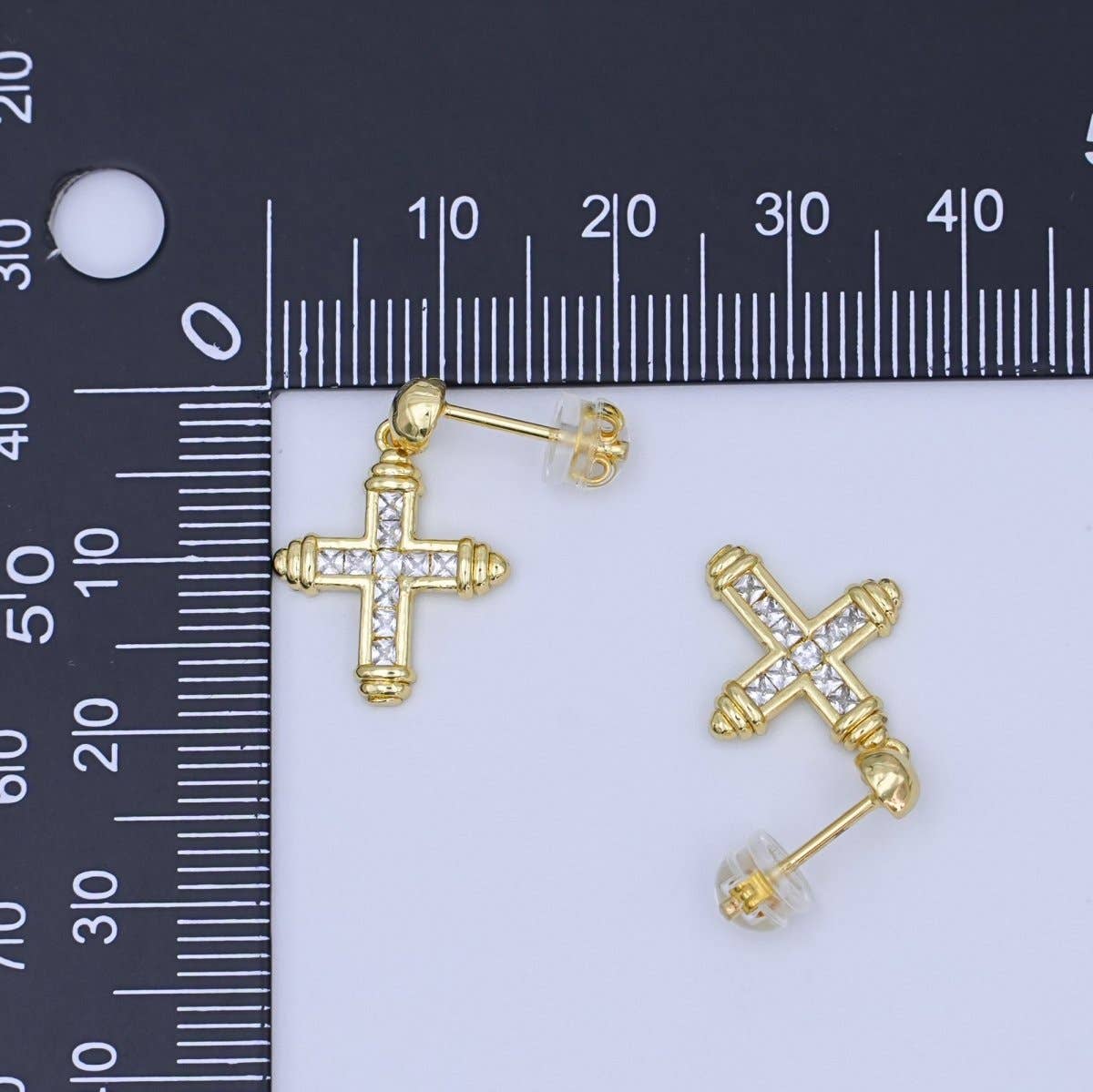 - 24K Gold Filled Baguette CZ Cross Round Drop Stud Earrings