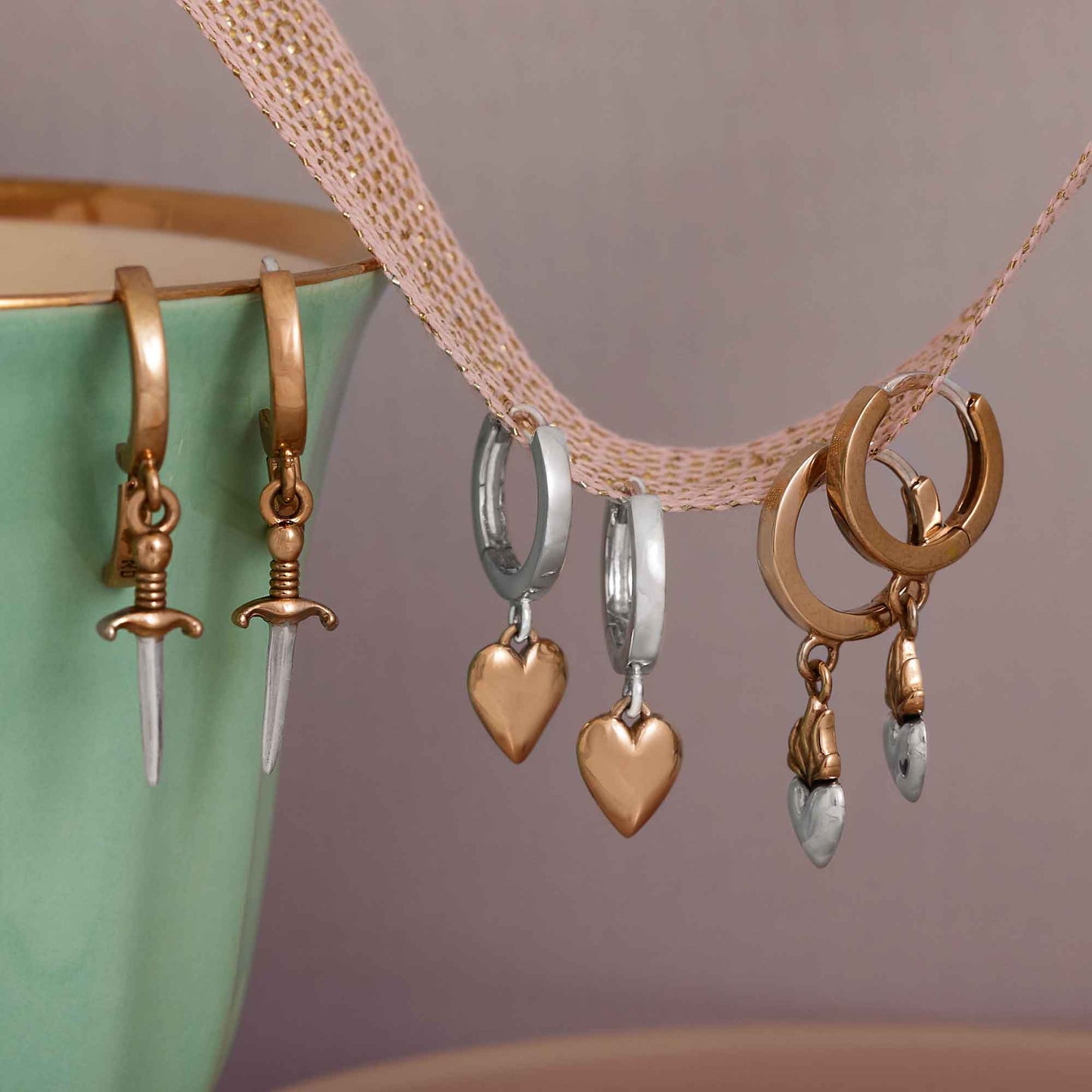Nina Designs - Bronze Huggie Hoops with Mixed Metal Flaming Heart 25x6mm
