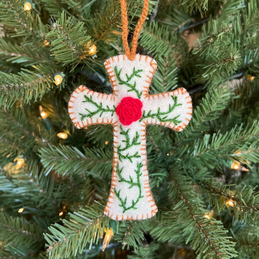 Ornaments 4 Orphans - Cross with Rose Embroidered Wool Ornament