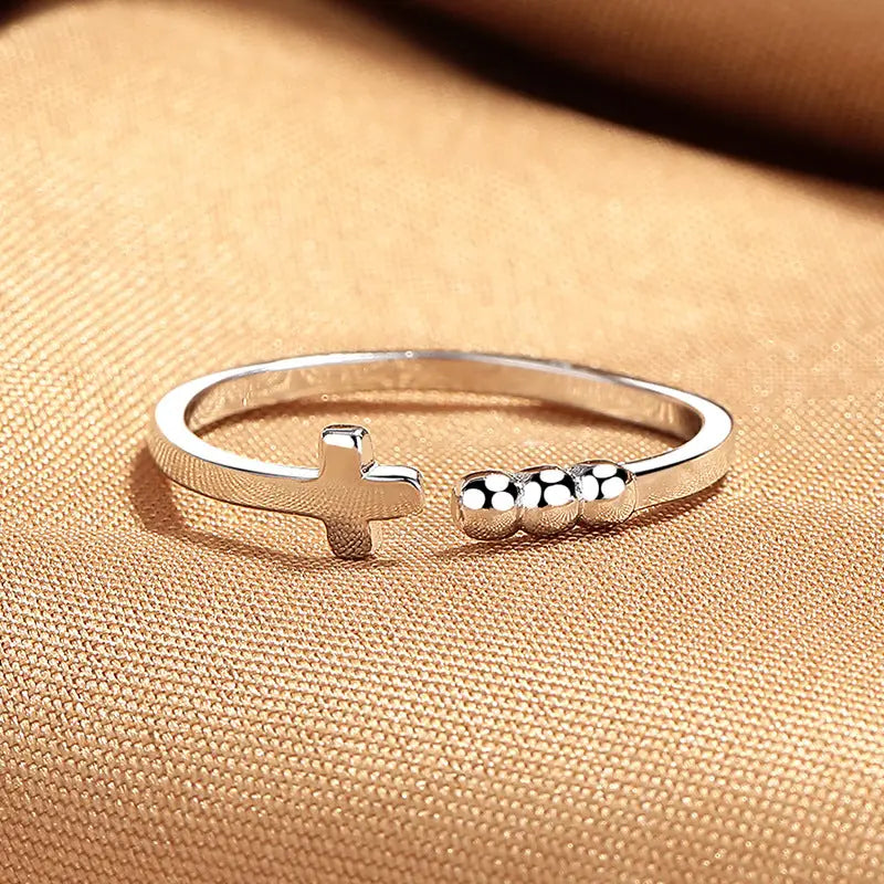 Dainty Cross Bead Stacking Slim Ring in 925 Sterling Silver