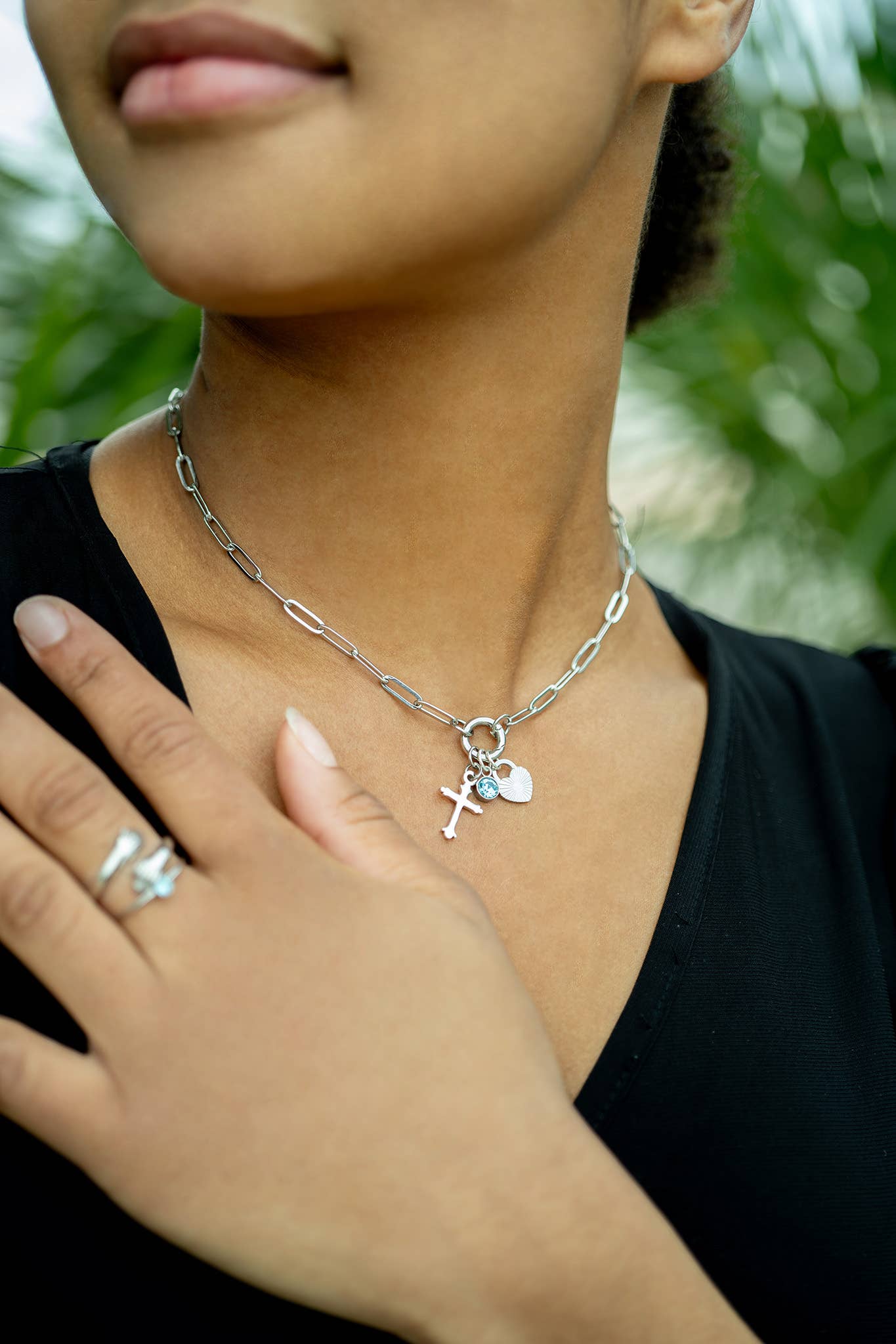 Stainless Steel Paperclip Carabiner Charm Holder Necklace With Pearl and Amen Charm.