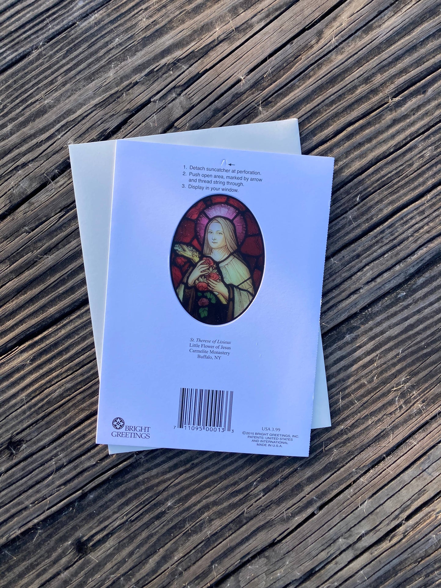 Bright Greetings - St. Therese of Lisieux 5x7" suncatcher card | Patron Saint o