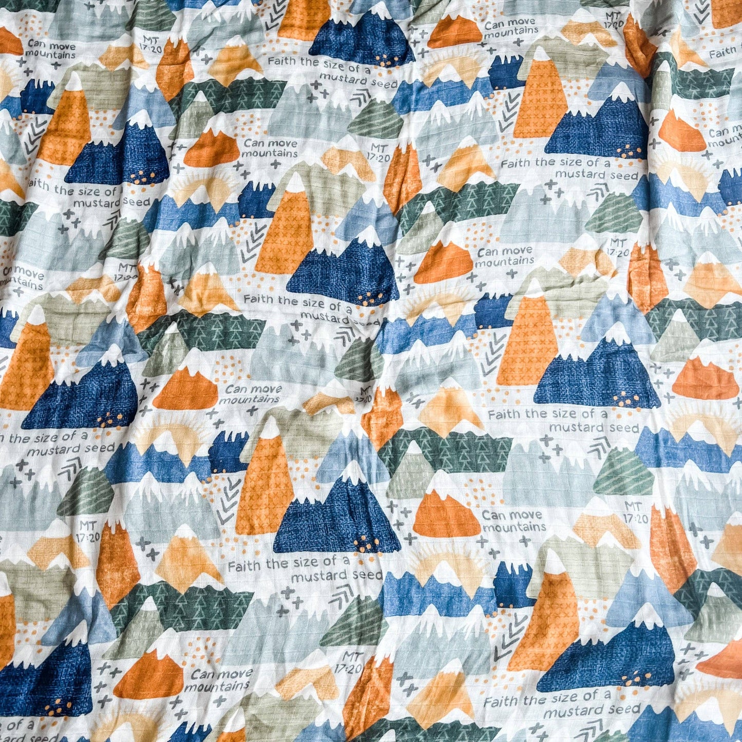 The Little Rose Shop - Catholic Luxury Double Sided Muslin Blanket - Faith Moves Mountains