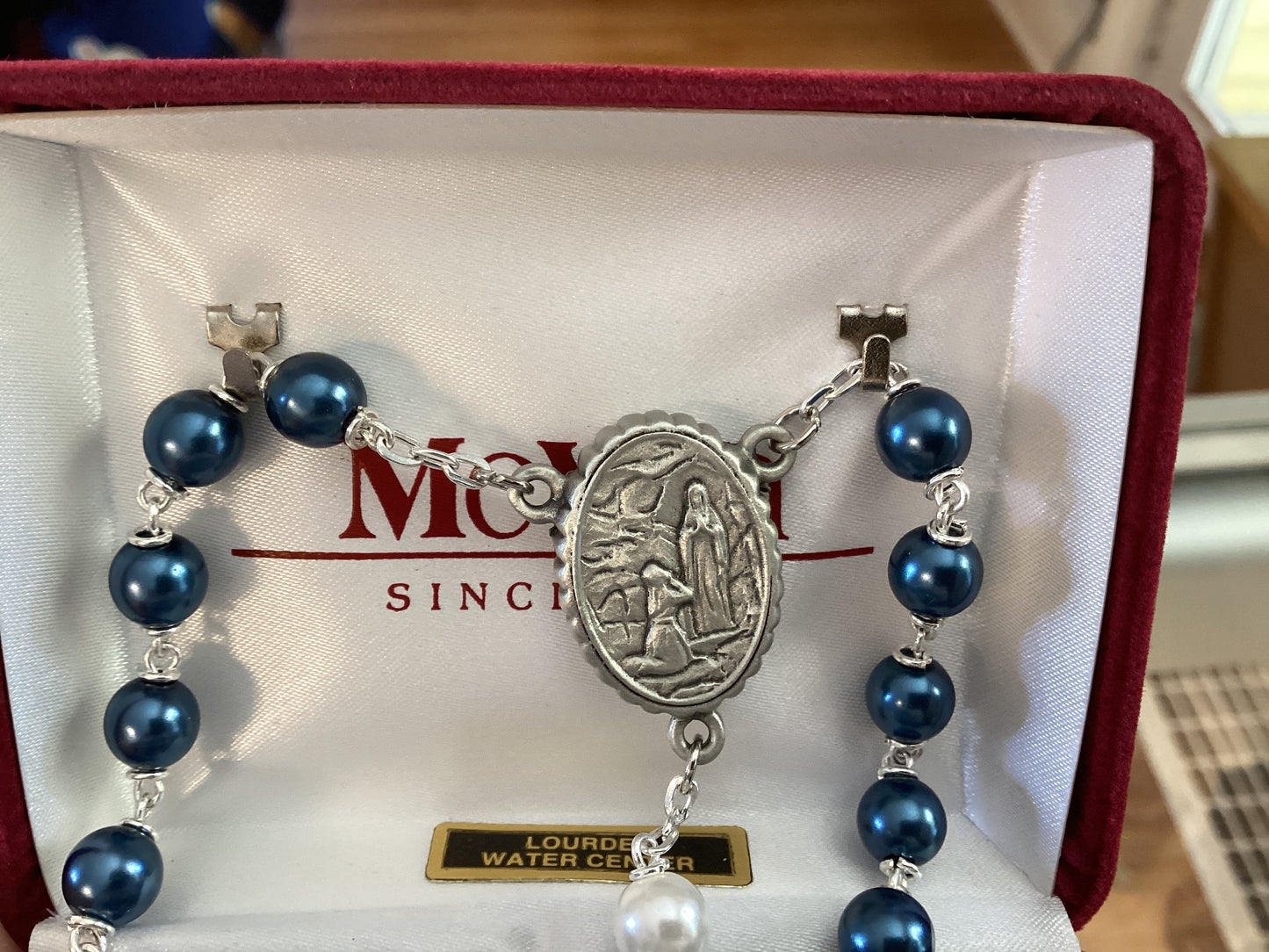 Blue & White Pearl Rosary with Lourdes water Center