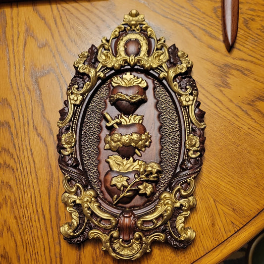 Three Hearts carved in Wood and Gold Embellished