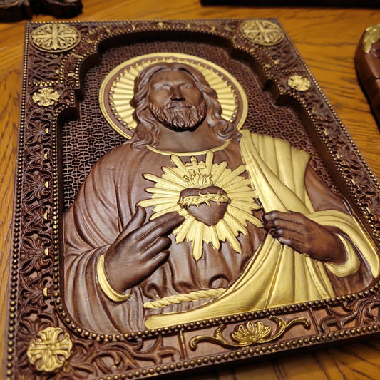 Sacred Heart Plaque in Wood and Gold Embellished