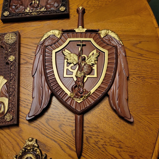 St Michael Carved Wooden Shield and Sword with Gold