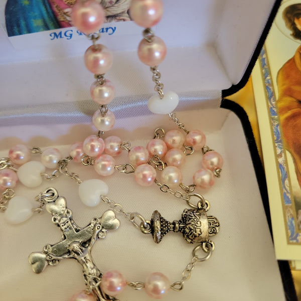 Pink Glass Pearl First Communion Rosary With Hearts