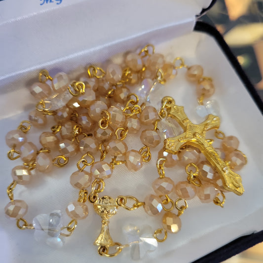 Gold Champagne Rosary with crystal butterflies