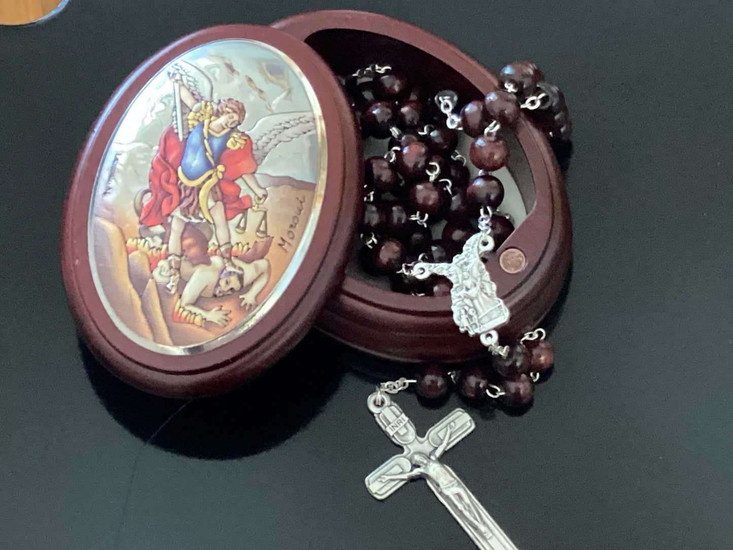 Oval wooden St Michael Box with Wood bead Rosary