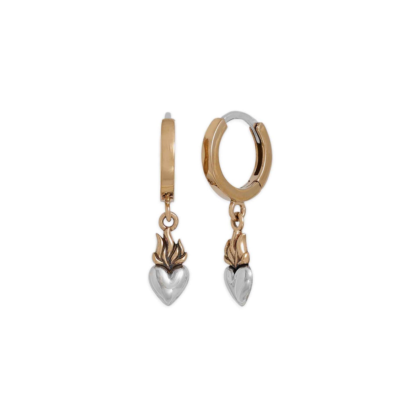 Nina Designs - Bronze Huggie Hoops with Mixed Metal Flaming Heart 25x6mm