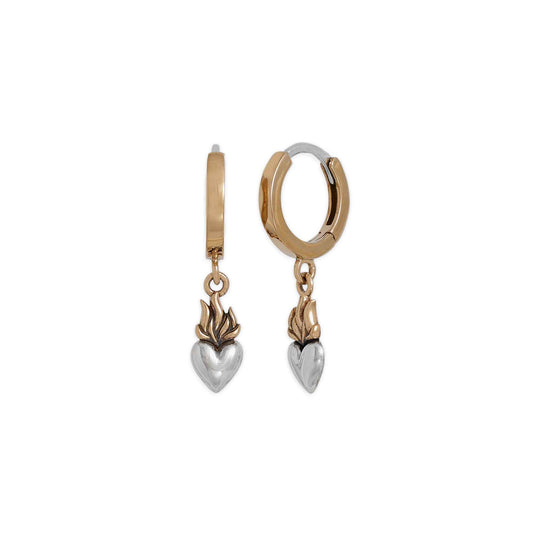 - Bronze Huggie Hoops with Mixed Metal Flaming Heart 25x6mm
