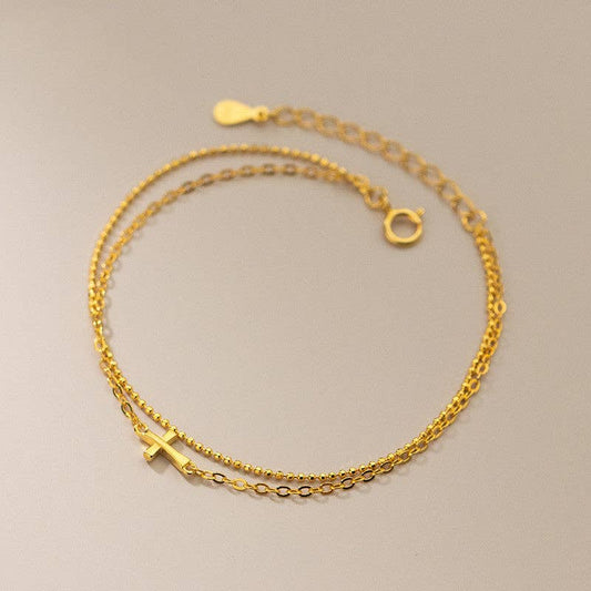 Perimade & Co. LLC - Cross Double Chain Bead Bracelet in Gold over 925 Sterling Silver