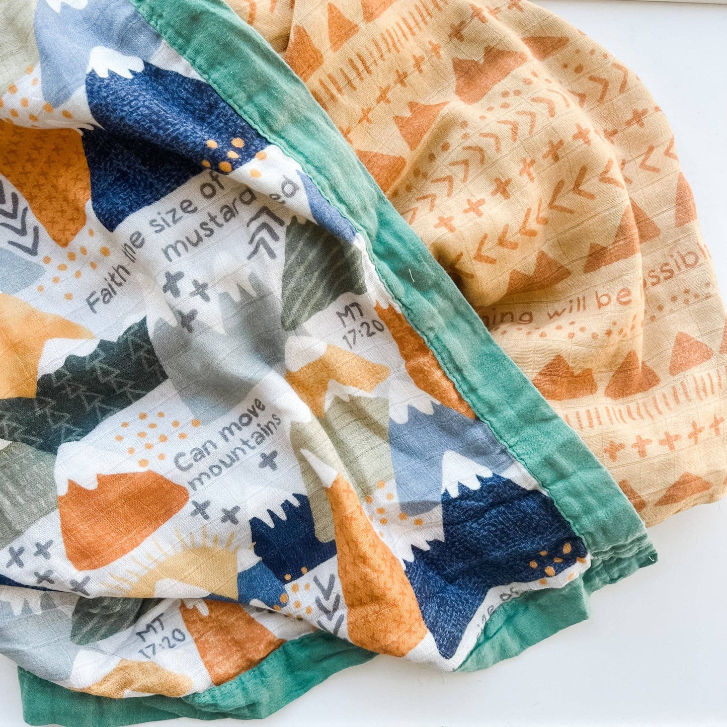 The Little Rose Shop - Catholic Luxury Double Sided Muslin Blanket - Faith Moves Mountains