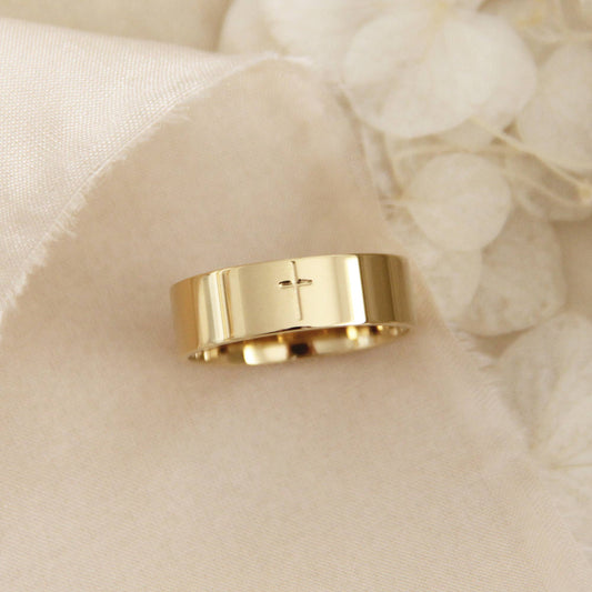 LoveStory Collection - Cross 6mm Band Ring, Wide Cross Ring, Christian Jewelry