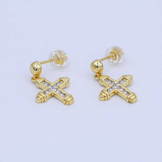 - 24K Gold Filled Baguette CZ Cross Round Drop Stud Earrings