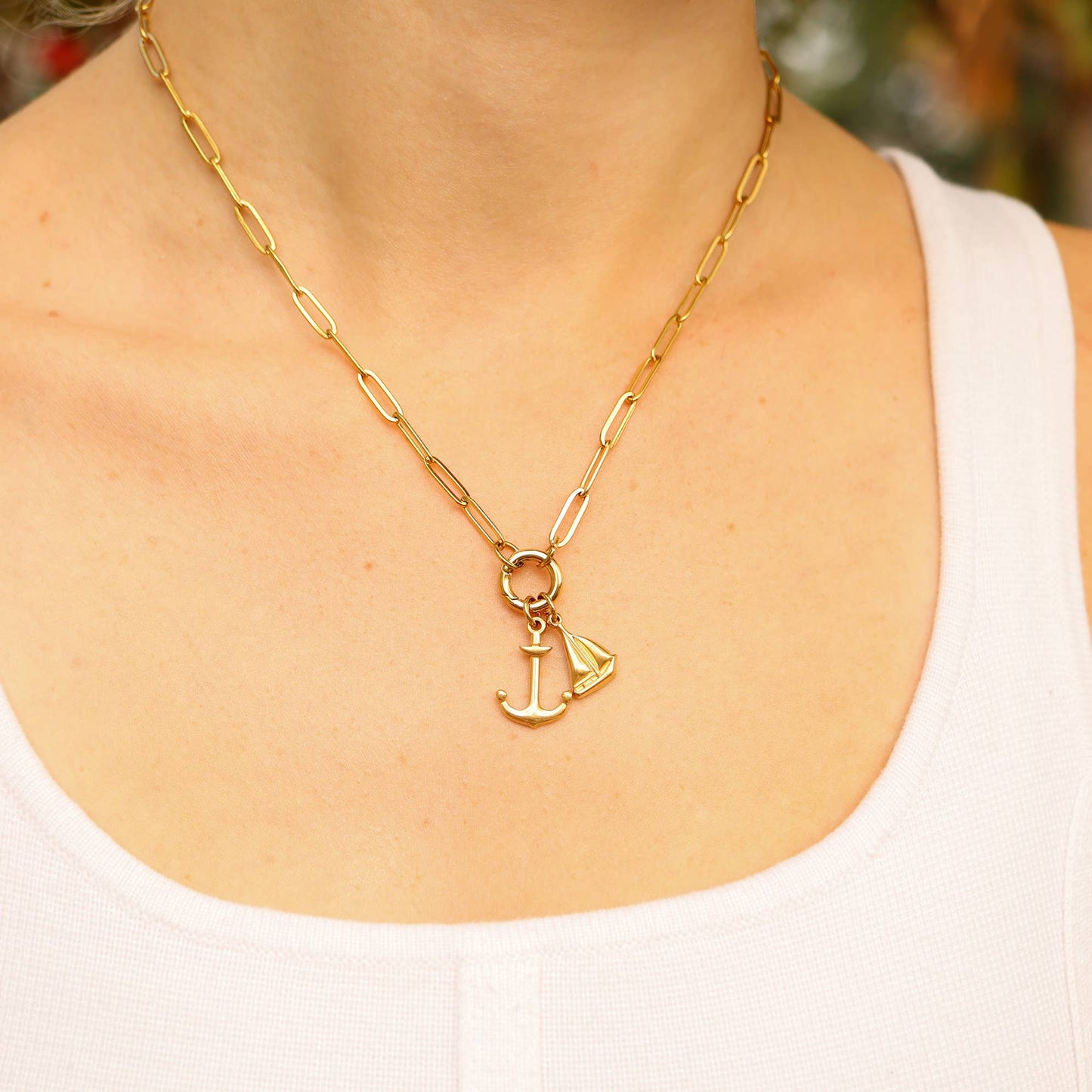 Stainless Steel Paperclip Carabiner Charm Holder Necklace With Pearl and Amen Charm.