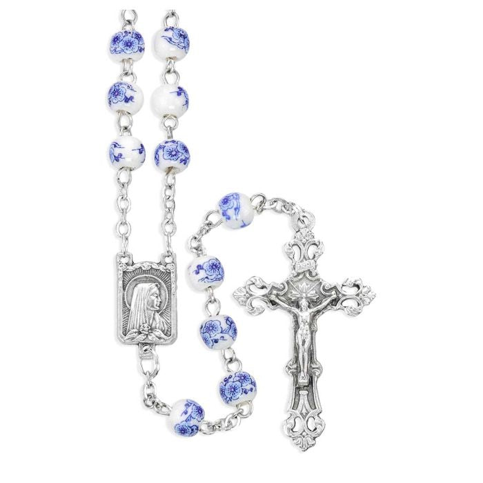6mm Blue Painted Porcelain Bead Rosary, Boxed