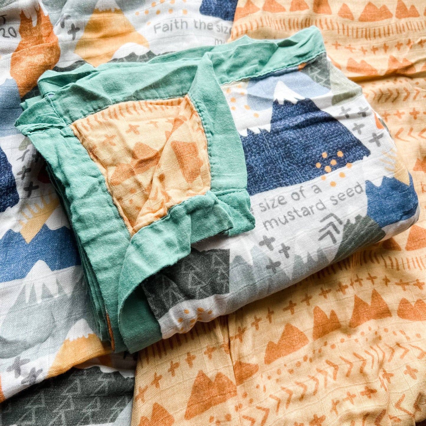 The Little Rose Shop - Catholic Luxury Double Sided Muslin Blanket - Faith Moves Mountains