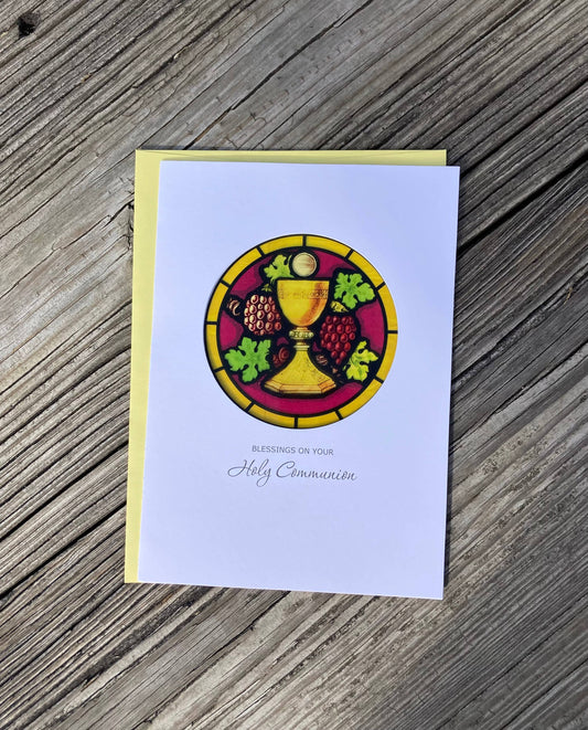 Bright Greetings - First Communion grapes and chalice sun-catcher greeting card