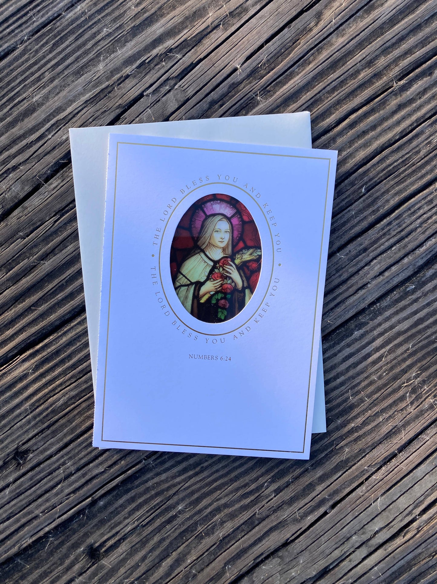 Bright Greetings - St. Therese of Lisieux 5x7" suncatcher card | Patron Saint o