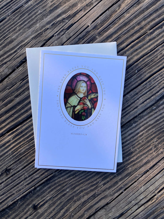 Bright Greetings - St. Therese of Lisieux 5x7" suncatcher card | Patron Saint o