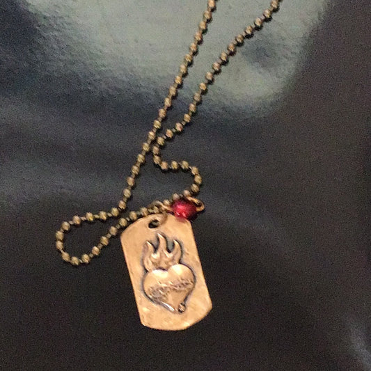 Antique Bronze Sacred Heart Dog Tag Necklace