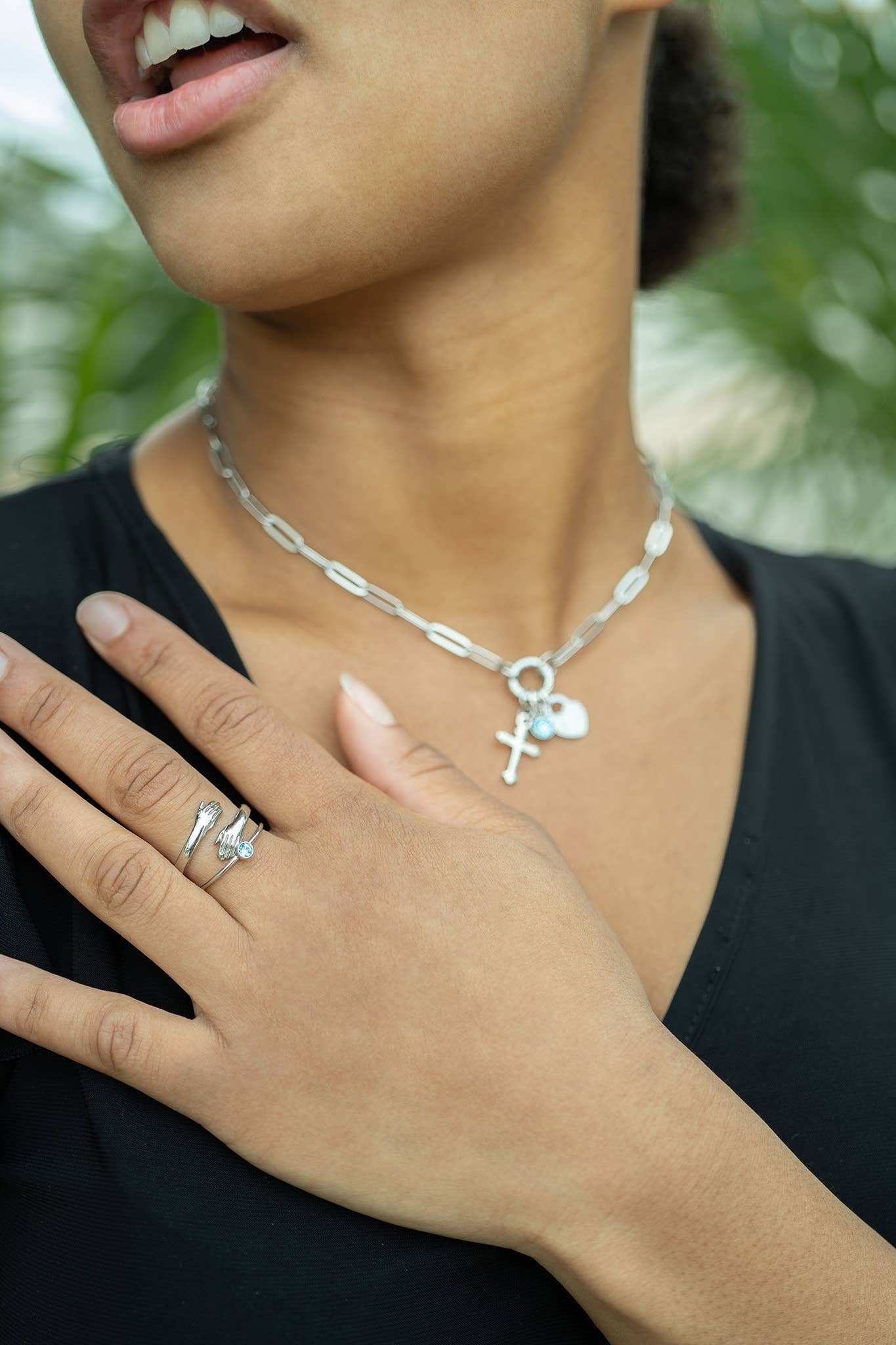 Stainless Steel Paperclip Carabiner Charm Holder Necklace With Pearl and Amen Charm.