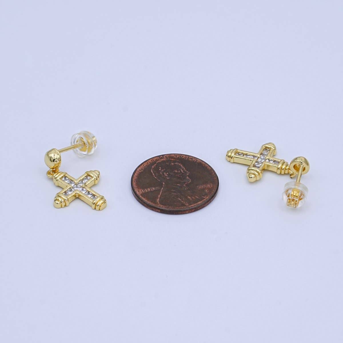 - 24K Gold Filled Baguette CZ Cross Round Drop Stud Earrings