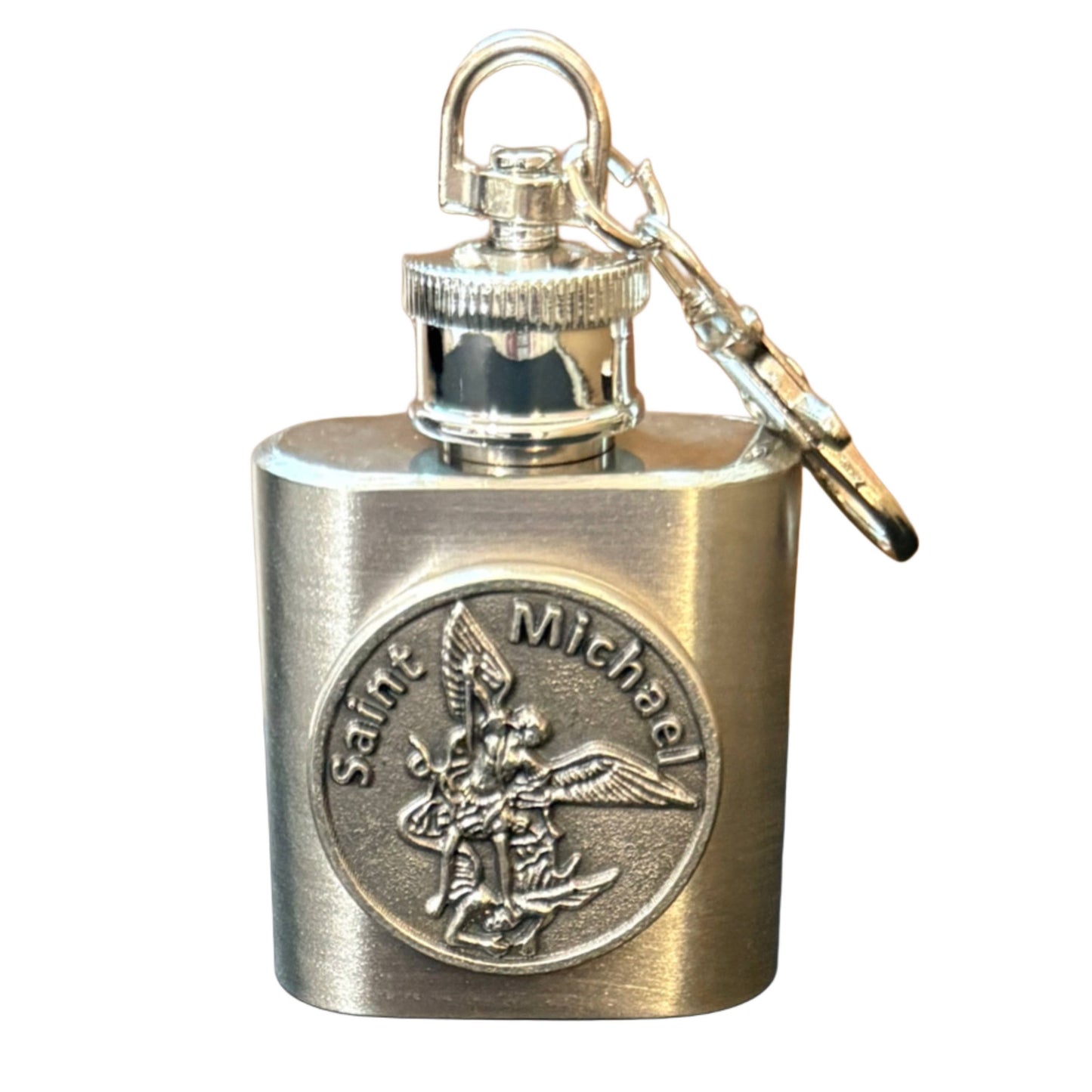 Oremus Mercy - Holy Water Flask - Saint Michael Token SS w/ Keychain   1 oz