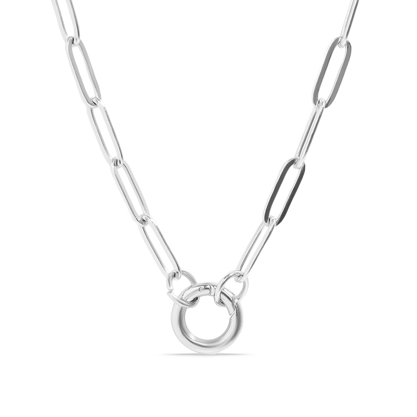 Stainless Steel Paperclip Carabiner Charm Holder Necklace With Pearl and Amen Charm.