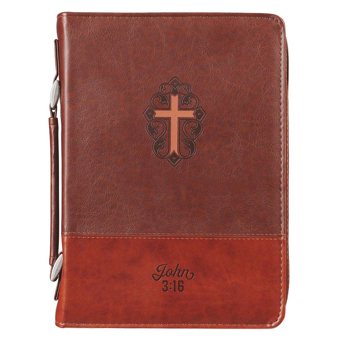Christian Art Gifts - Bible Cover Classic Brown Two-tone Cross John 3:16