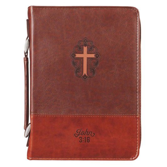 Christian Art Gifts - Bible Cover Classic Brown Two-tone Cross John 3:16