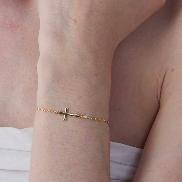 Dainty Boho Color Bead Cross Bracelet in Gold over 925 Sterling Silver