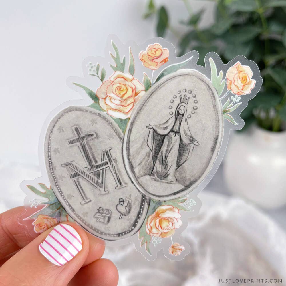 Just Love Prints - Catholic Stickers & Gifts - Silver Miraculous Medal Vinyl Sticker
