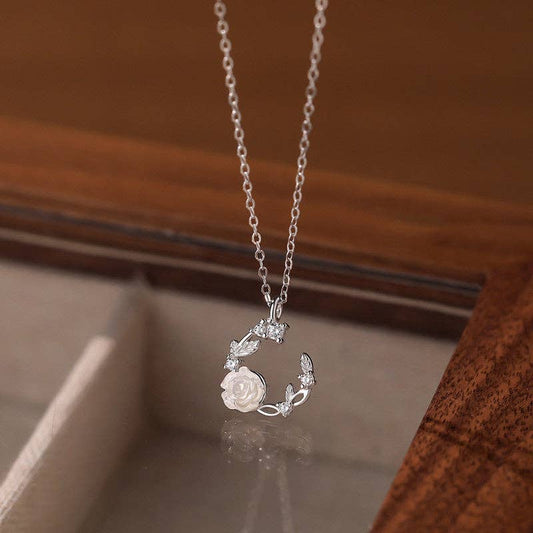 Perimade & Co. LLC - White Rose Flower Pendant Necklace in 925 Sterling Silver